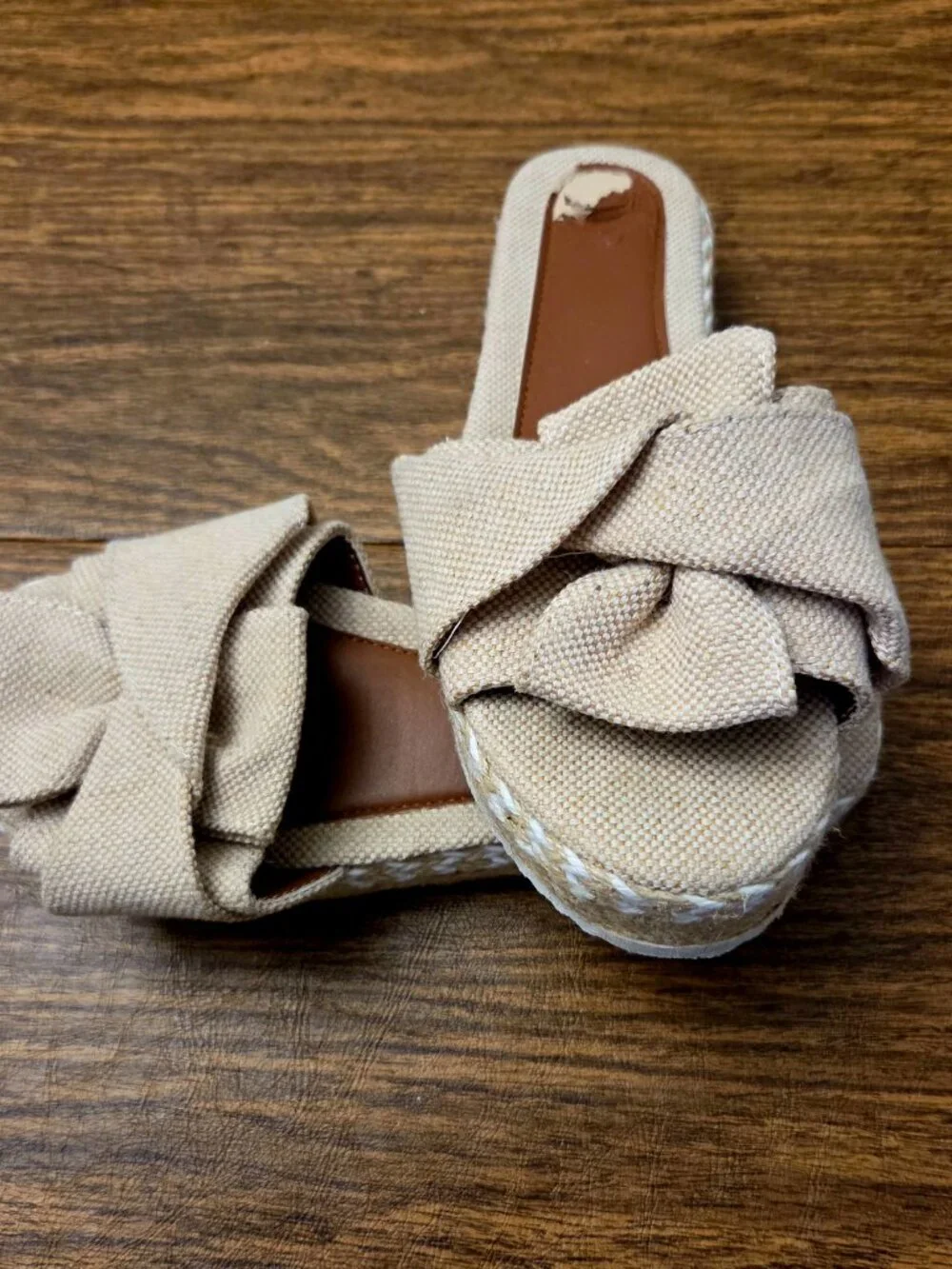 Women's Beige Fabric Bow Platform Espadrille Open Toe Slide - Sz 7.5M